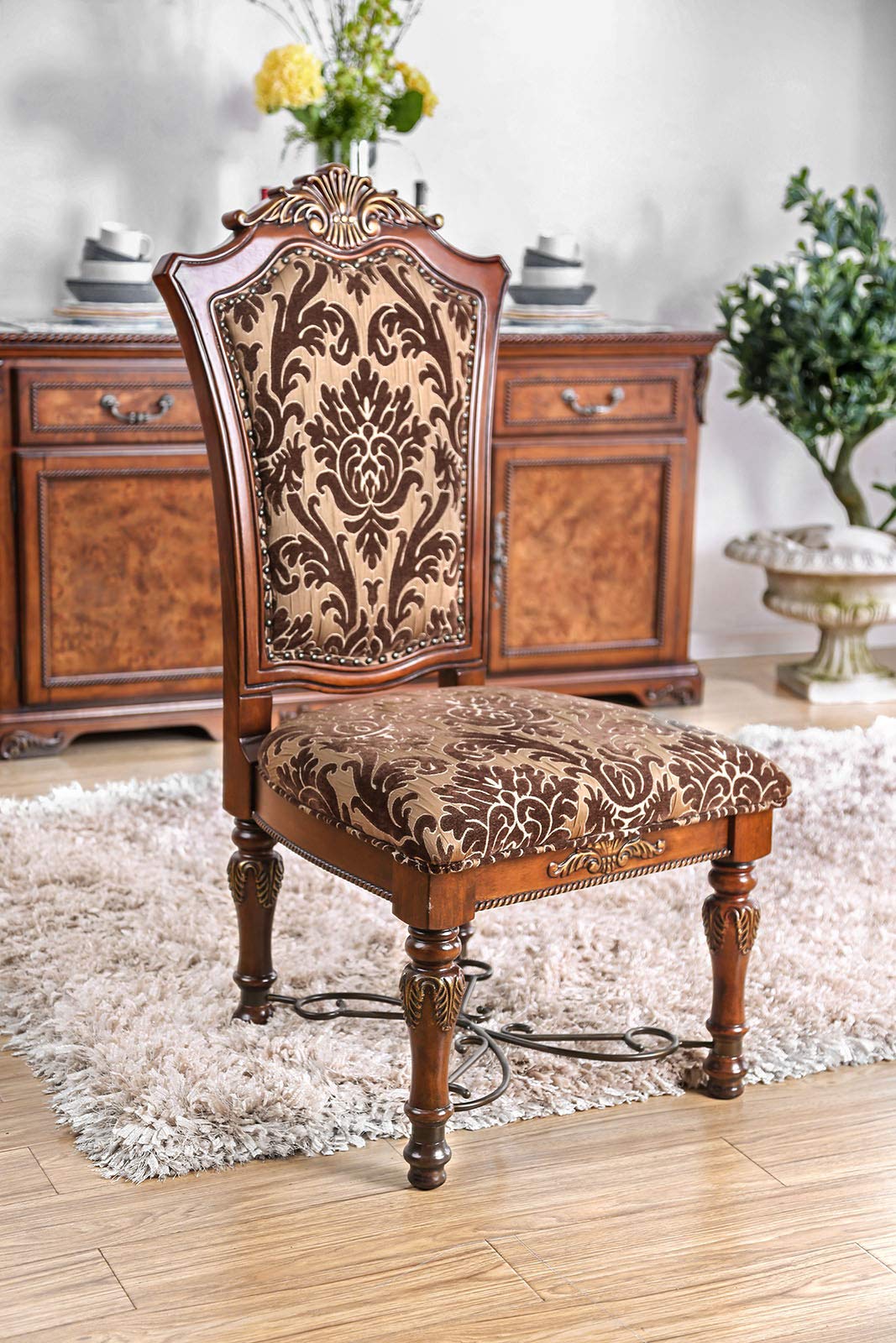 Benjara Benzara Wooden Fabric Upholstered Chair With Floral Print, Pack Of Two, Brown,